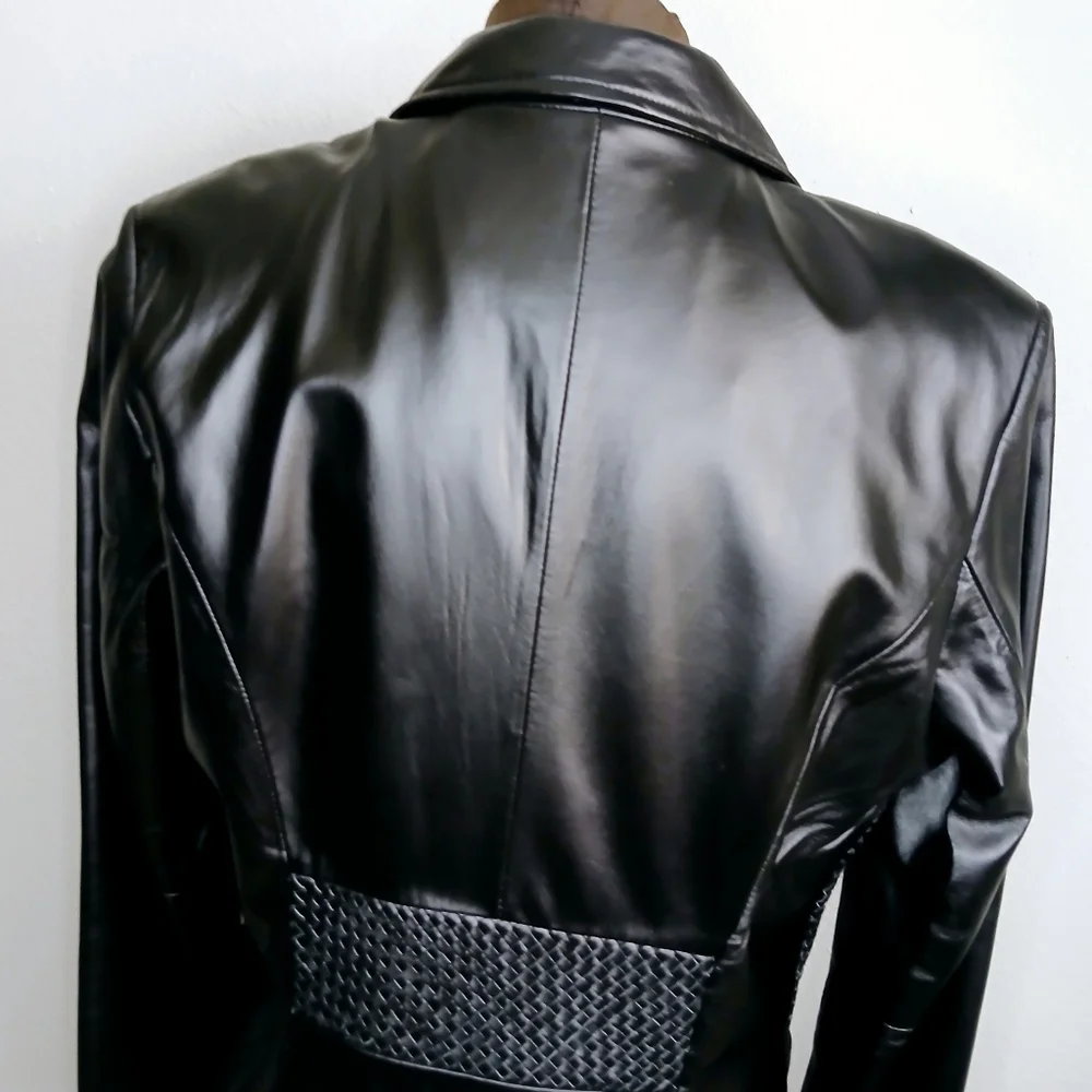 Sharif Studio Blazer Jacket Womens Size Medium Black Leather Weave Detail Biker